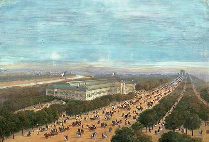 欣赏巴黎、香榭丽舍大街、凯旋门和塞纳河`Views of Paris, the Champs Elysees with view of the Arc de Triomphe, and view of the Seine by 19th Century European School