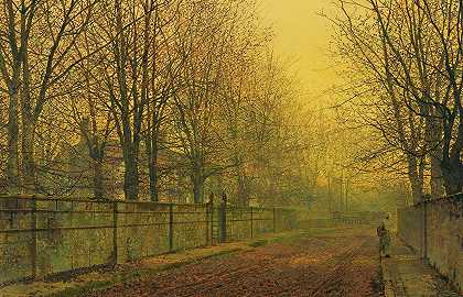 在金灿灿的秋天`In The Golden Glow Of Autumn (1884) by John Atkinson Grimshaw