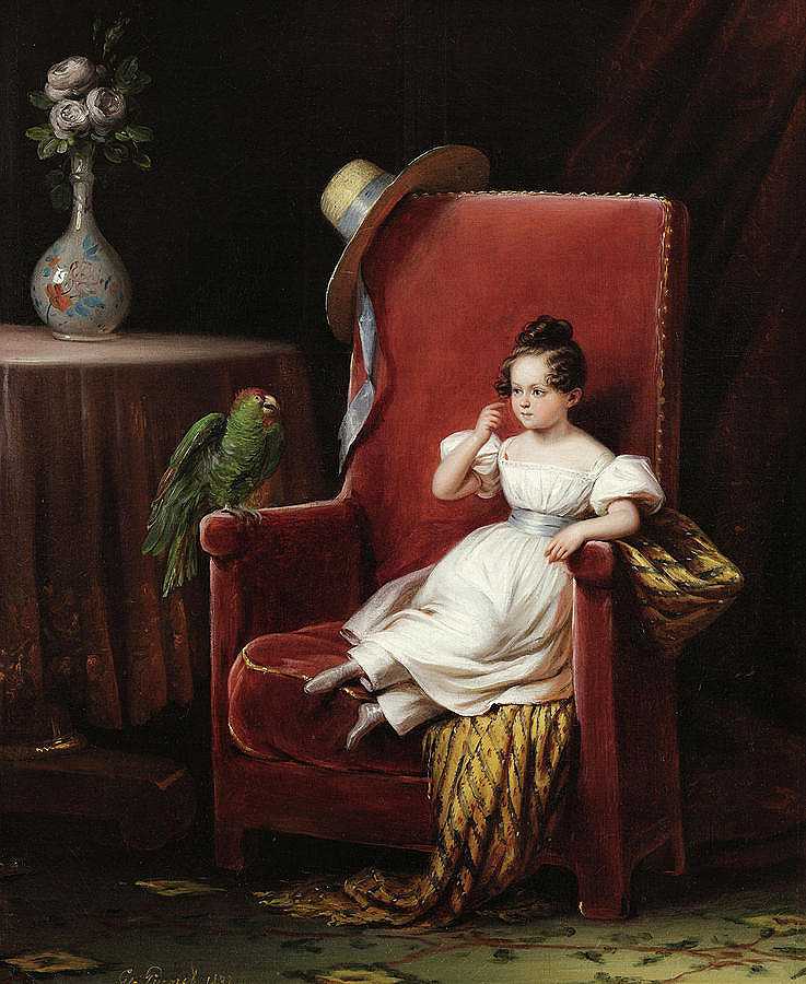 坐着的女孩`Sitting girl by Edouard Pingret