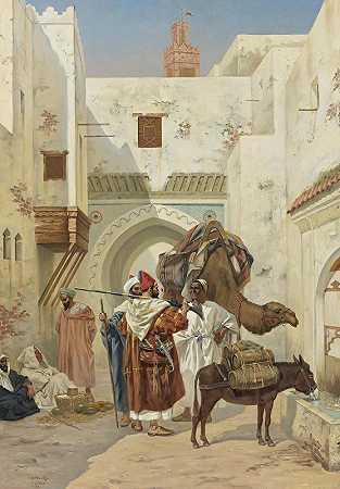 城墙外的集会`A Gathering Outside The City Walls (1892) by Albert Joseph Franke