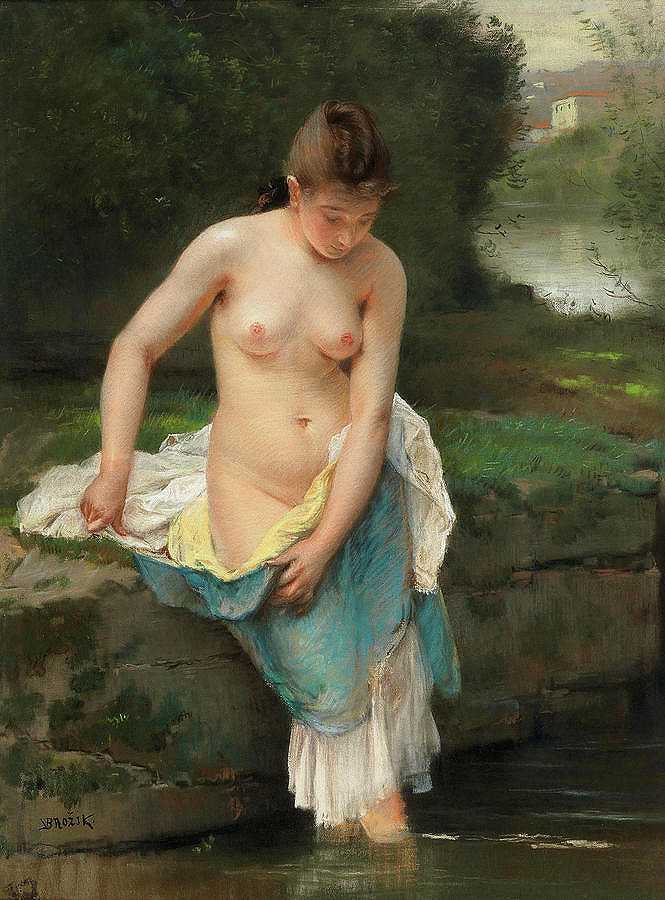 布鲁克的裸女`Female nude at the brook by Wenzel von Brozik