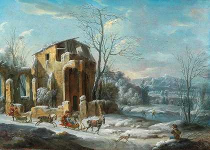 冬天的风景画上画着一个优雅的雪橇团`A winter landscape with an elegant company on sleighs drawn by horses by horses by Dirck Maas