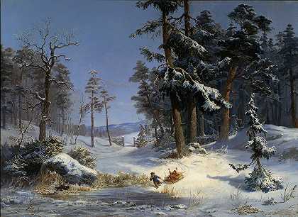克里斯蒂娜女王的冬季景观斯德哥尔摩德尔登的s路`Winter Landscape from Queen Christinas Road in Djurgården, Stockholm (1866) by Charles XV of Sweden