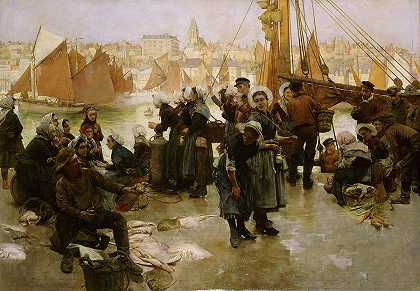 渔船队的离开，布洛涅`The Departure of the Fishing Fleet, Boulogne by Albert Chevallier Tayler