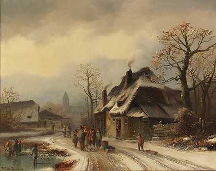 冬季乡村景观`Winterliche Dorfansicht (Ca. 1860~1880) by Anton Doll