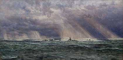 长船灯塔外的西北大风`A North-West Gale off the Longships Lighthouse by John Brett