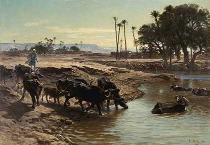 在尼罗河中洗澡的水牛`Buffaloes Bathing In The Nile (1861) by Léon-Adolphe-Auguste Belly