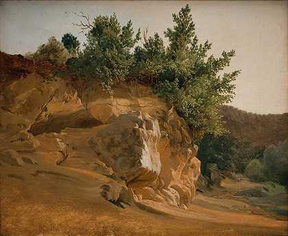意大利山景，岩石丛生，可能在奥列瓦诺附近`Italian Mountain Landscape with Overgrown Rock, probably near Olevano (1832 – 1835) by Fritz Petzholdt