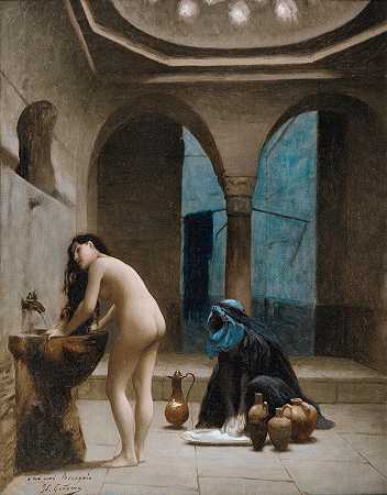为毛尔浴室学习，土耳其女人在洗澡`Study For A Maure Bath, Turkish Woman In The Bath by Jean-Léon Gérôme