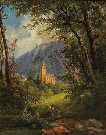 山中的一座小教堂`A Small Church in the Mountains (1887) by Georg Geyer