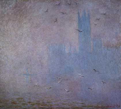 海鸥，伦敦泰晤士河，议会大厦，1904年`Gulls, River Thames in London, The House of Parliament, 1904 by Claude Monet