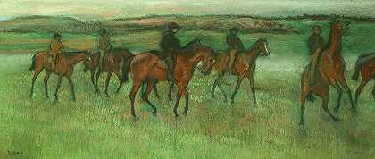 运动赛马，1880年`Exercising racehorses, 1880 by Edgar Degas