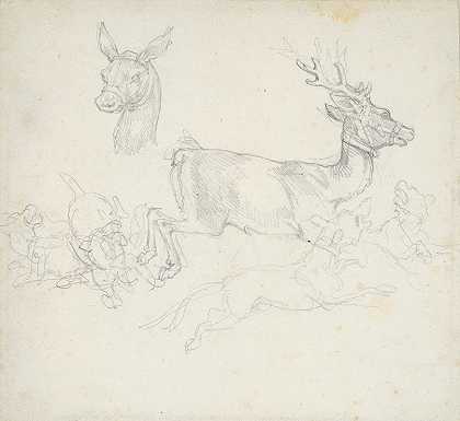 猎鹿的研究`Study of Deer Chased by Dogs, Doe’s Head (early 19th century) by Dogs, Doe’s Head by Théodore Géricault