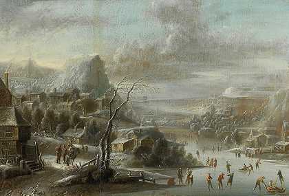 冰河上的冬季风景`A winter landscape with skaters on a frozen river by Johann Christian Vollerdt