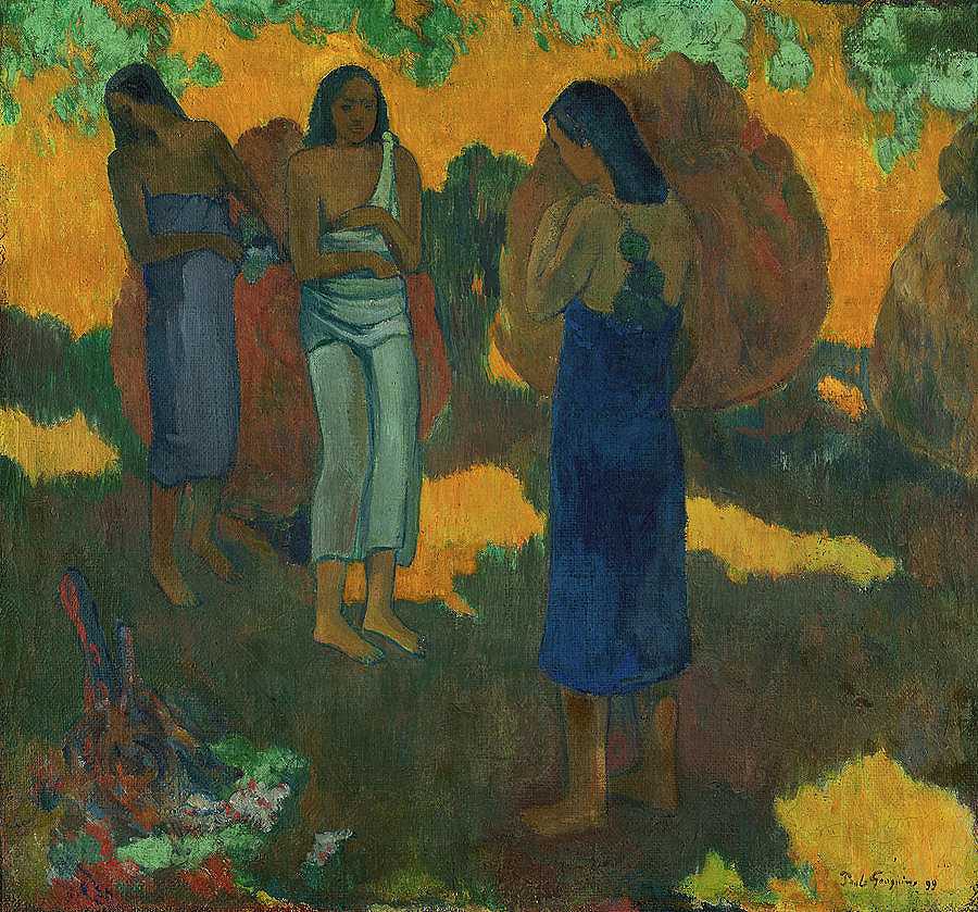 1899年，黄色背景下的三位塔希提妇女`Three tahitian women against a yellow background, 1899 by Paul Gauguin