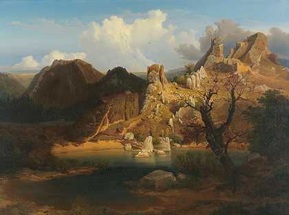 崎岖的悬崖和山湖景观`Landscape with rugged cliffs and mountain lake (1840) by Carl Dahl