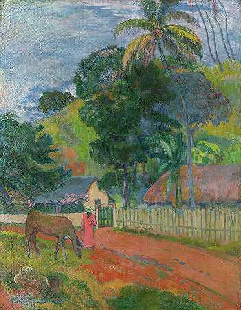 风景，一匹马在路上，1899年`Landscape, A Horse on Road, 1899 by Paul Gauguin
