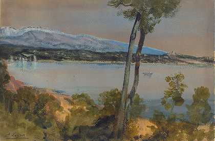 湖边的群山`Mountains Seen beyond a Lake by Alphonse Legros