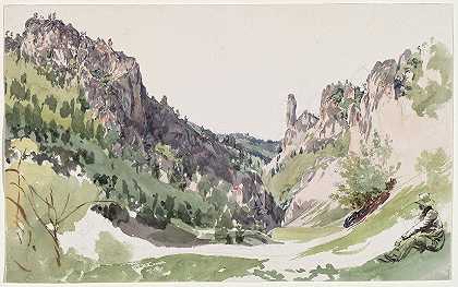 坐着的男人凝视着阳光明媚的山谷`A Seated Man Contemplating a Sunlit Mountain Valley (c. 1825) by Jakob Alt
