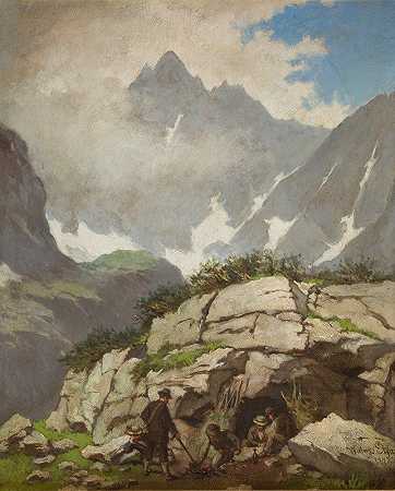 塔特拉山脉斯托拉奇克牧师的岩石避难所`Rock Refuge of Reverend Stolarczyk in the Tatra Mountains (1876) by Walery Eljasz-Radzikowski