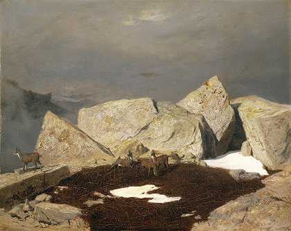 山上有羚羊`Mountain Landscape with Chamois (1849) by Arnold Böcklin