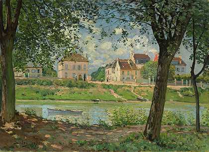 塞纳河畔的村庄维伦纽夫·拉加雷纳镇，1872年`The town of Villeneuve-la-Garenne, Village on the banks of the Seine, 1872 by Alfred Sisley