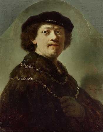 戴黑帽子的自画像`Self~Portrait in a Black Cap (1637) by Rembrandt van Rijn