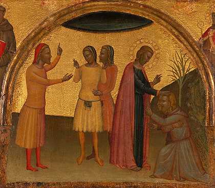 圣约翰福音传道者与阿克特斯和尤金尼斯`Saint John the Evangelist with Acteus and Eugenius (ca. 1370) by Francescuccio Ghissi