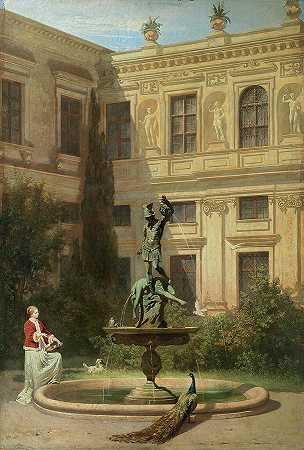 慕尼黑皇家宅邸内带有石窟的庭院，1863年`Courtyard with the Grotto in the Munich Royal Residence, 1863 by Hans von Marees