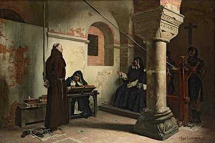 审问伯纳德·德里西奥斯，1881年`Interrogation of Bernard Delicieux, 1881 by Jean-Paul Laurens
