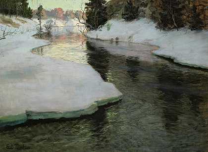 山溪，冬天，1898年`Mountain stream, Winter, 1898 by Frits Thaulow
