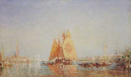 威尼斯，黄帆特拉巴科罗`Venise, Trabaccolo À La Voile Jaune (1870~1890) by Félix Ziem