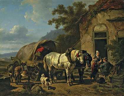 客栈的马车`Wagon at the inn by Wouterus Verschuur
