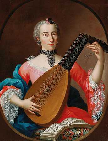 拿着琵琶的优雅女士`An Elegant Lady With A Lute (18th Century) by Southern German School