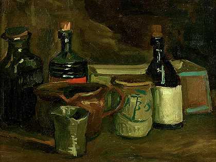 瓶子和陶器的静物画`Still Life with Bottles and Earthenware by Vincent Van Gogh