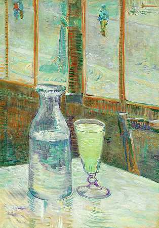 带苦艾酒的咖啡桌`Cafe Table with Absinthe by Vincent Van Gogh
