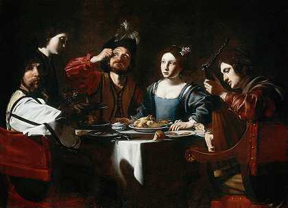 琵琶演奏者的宴会场景`Banquet Scene with a Lute Player (c.1625) by Nicolas Tournier