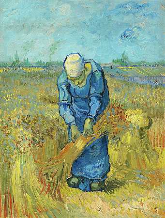 农妇捆禾捆，后小米`Peasant Woman Binding Sheaves, after Millet by Vincent van Gogh