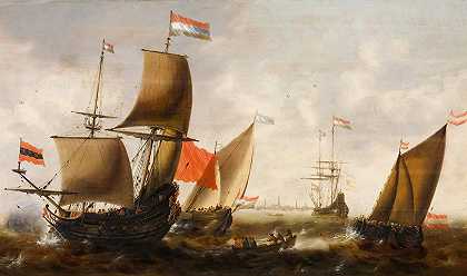 荷兰船只在阿姆斯特丹海岸波涛汹涌的海面上航行`Dutch shipping in choppy seas off the coast of Amsterdam by Jacob Adriaensz. Bellevois