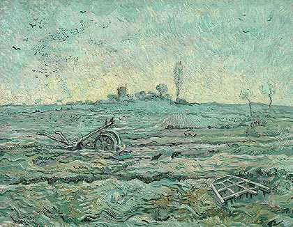 小米收割后，用耙子把田野覆盖起来`Snow-Covered Field with a Harrow, after Millet by Vincent van Gogh