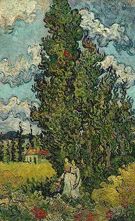 柏树和两个女人`Cypresses and Two Women by Vincent van Gogh