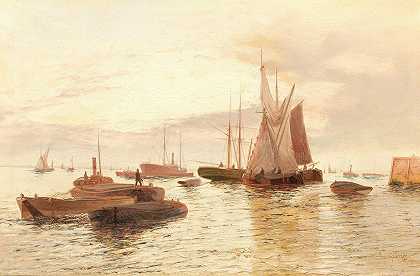 平静海面上的船只`Boats on a Calm Sea by Edward Henry Eugene Fletcher