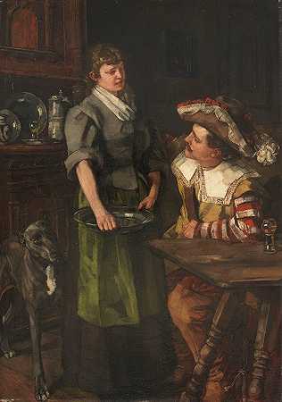 Zechender Landsknecht和侍女`Zechender Landsknecht mit Serviermädchen (Ca. 1876~1878) by Wilhelm Trübner
