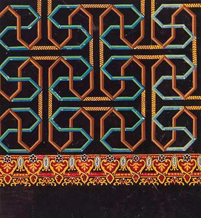 黑色地面上棕色、蓝色、绿色和黄色的几何迷宫状图案`Geometric maze~like patterns in brown, blue, green, and yellow on black ground (late 19th century)