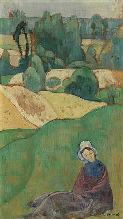 坐在田野里的女人——布列塔尼`Woman Sitting in a Field – Brittany by Emile Bernard