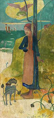 布莱顿女孩纺纱`Breton Girl Spinning by Paul Gauguin