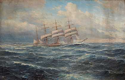 船上的海景`Seascape with a Ship (20th century) by John Holst