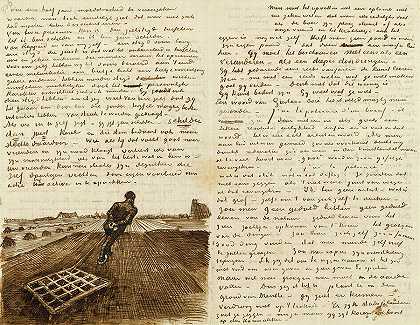 文森特·梵高写给西奥·梵高的信，信中有一个人在拔耙的素描`Letter from Vincent van Gogh to Theo van Gogh with sketch of Man Pulling a Harrow by Vincent Van Gogh