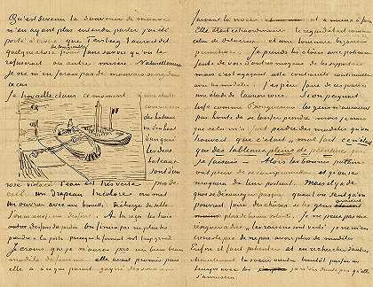 文森特·梵高写给西奥·梵高的信，信中附有沙船码头草图`Letter from Vincent van Gogh to Theo van Gogh with sketch of Quay with Sand Barges by Vincent Van Gogh