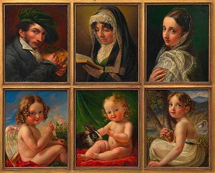 自画像（阿格里科拉家族六幅肖像的画面）`Selbstbildnis (Tableau von sechs Bildnissen der Familie Agricola) (1818) by Karl Joseph Aloys Agricola